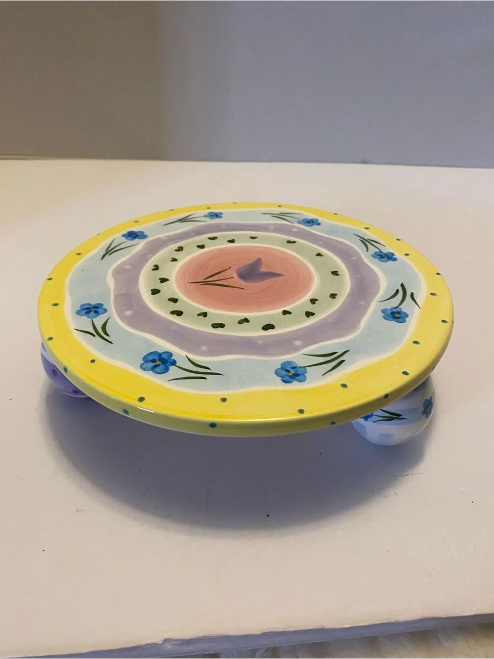 Cake Stand Ceramic Hand Painted Whimsical 8” Flowers Inc. Easter Egg Legs